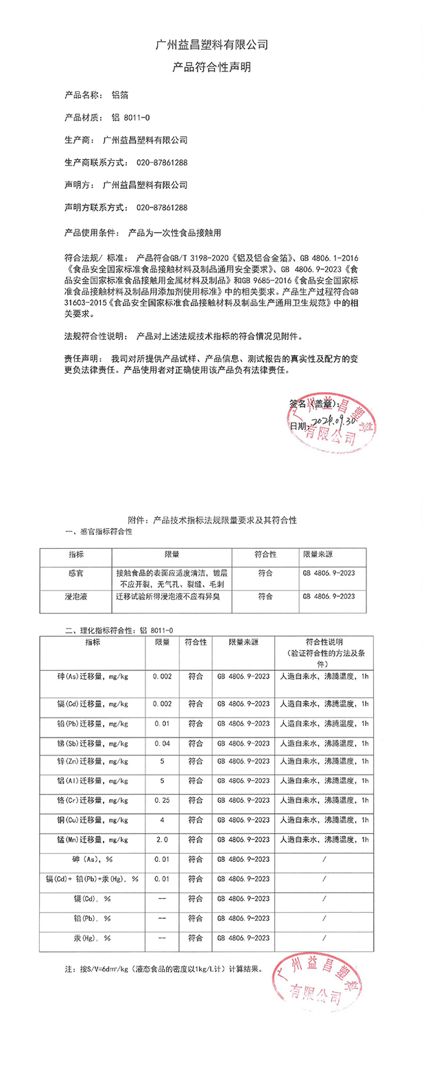 铝箔符合性声明